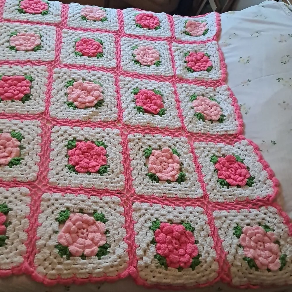 Crochet Granny Square 3D Pink Rose Afghan Throw Girlie Cottage Core